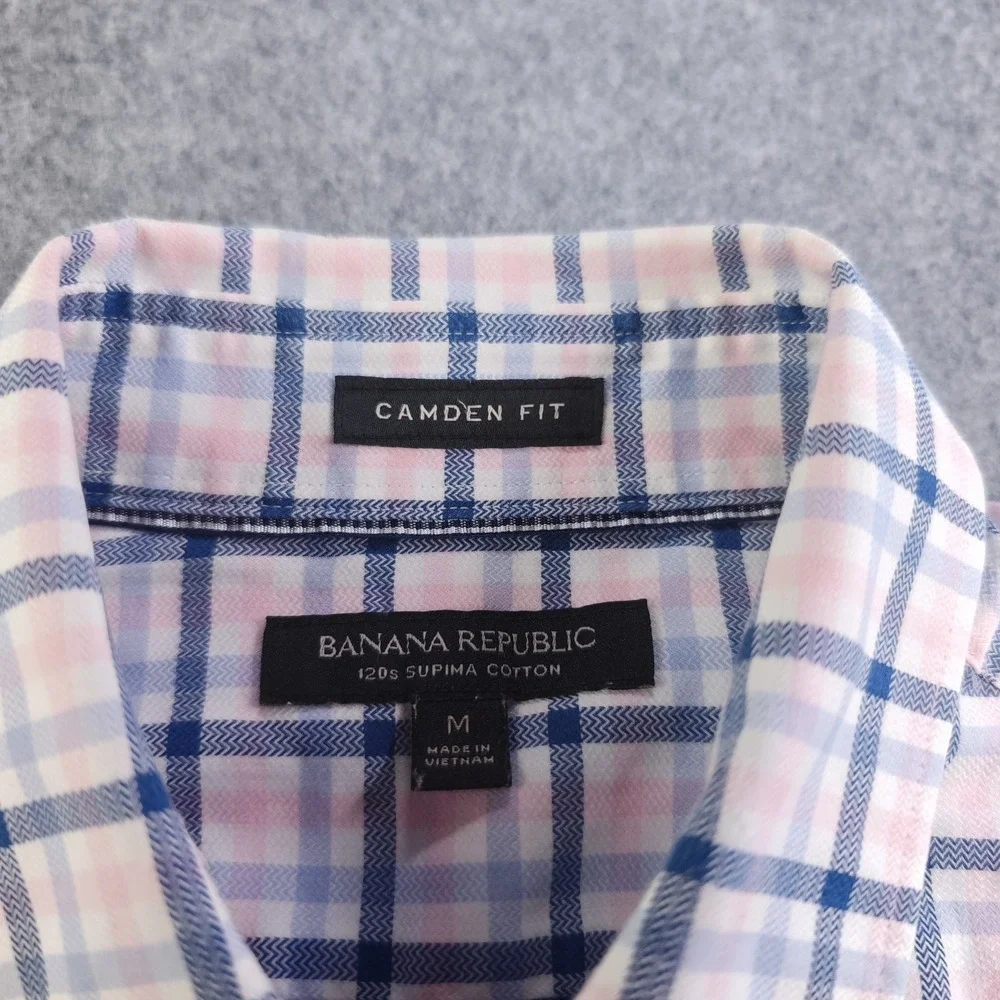 Banana Republic Shirt Mens Medium Camden Fit Pink Blue Plaid Long Sleeve Button